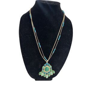 Women’s Green Stone Gold Tone Beaded Pendant Necklace